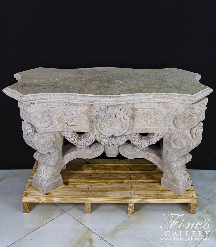 Marble Tables  - Ornately Carved Table In Classic Light Travertine - MT-266